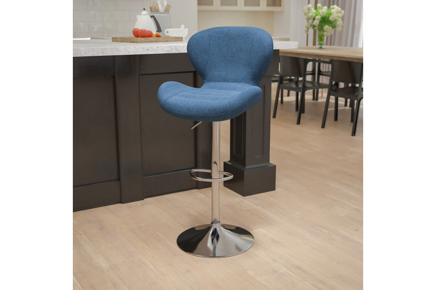 BLNK™ Francis Fabric Adjustable Height Bar Stool with Curved Back and Chrome Base - Blue