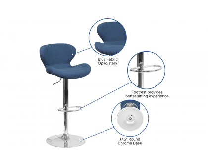 BLNK™ Francis Fabric Adjustable Height Bar Stool with Curved Back and Chrome Base - Blue