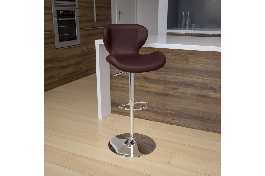 BLNK™ Francis Vinyl Adjustable Height Bar Stool with Curved Back and Chrome Base - Brown