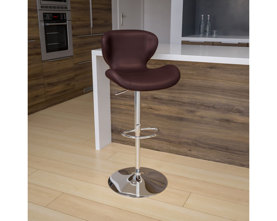 BLNK Francis Vinyl Adjustable Height Bar Stool with Curved Back and Chrome Base - Brown