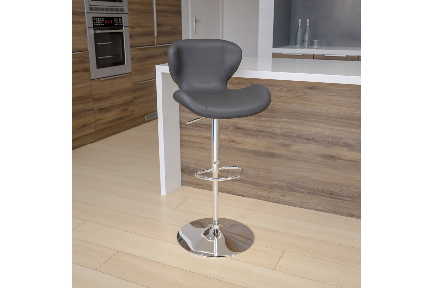 BLNK™ Francis Vinyl Adjustable Height Bar Stool with Curved Back and Chrome Base - Gray