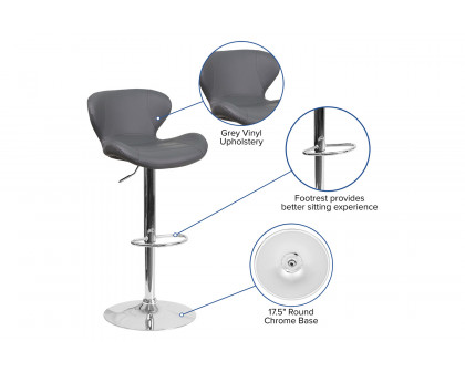 BLNK™ Francis Vinyl Adjustable Height Bar Stool with Curved Back and Chrome Base - Gray