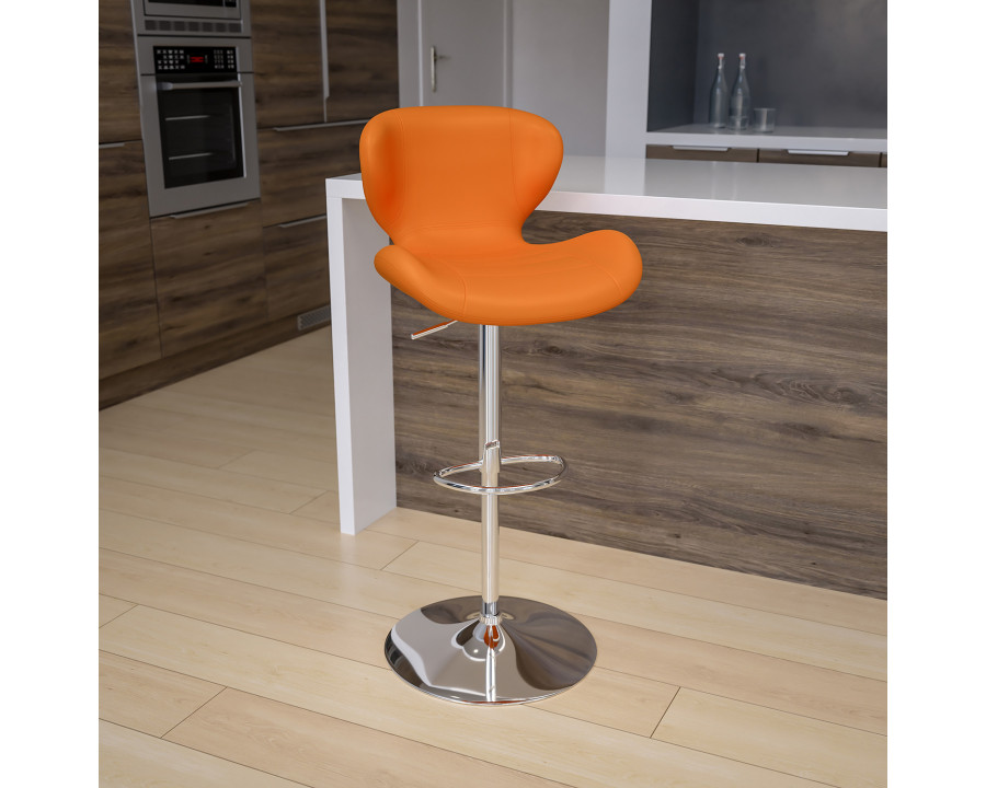 BLNK Francis Vinyl Adjustable Height Bar Stool with Curved Back and Chrome Base - Orange