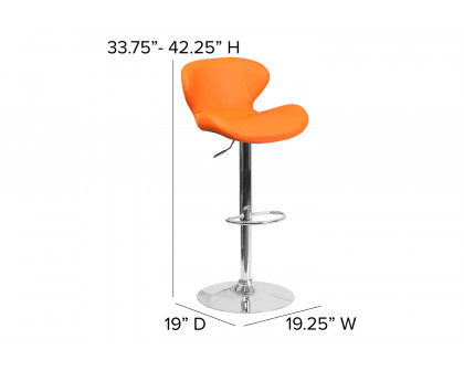 BLNK Francis Vinyl Adjustable Height Bar Stool with Curved Back and Chrome Base - Orange