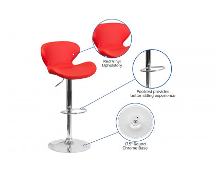 BLNK Francis Vinyl Adjustable Height Bar Stool with Curved Back and Chrome Base - Red