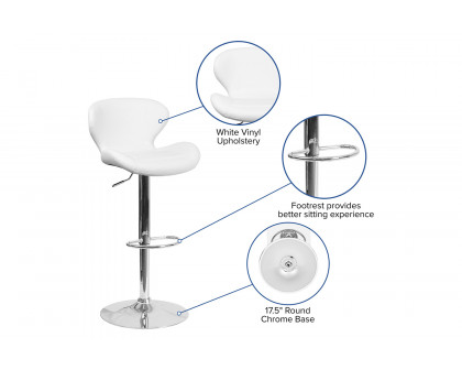 BLNK Francis Vinyl Adjustable Height Bar Stool with Curved Back and Chrome Base - White