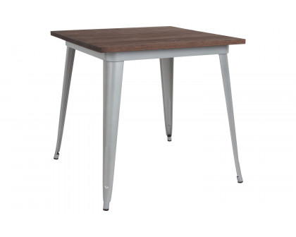 BLNK Toby Square Metal Indoor Table with Walnut Rustic Wood Top - Silver