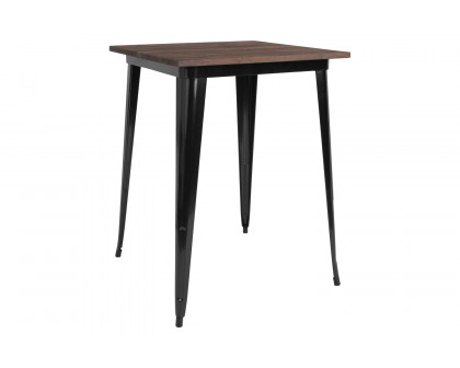 BLNK Nolan Square Metal Indoor Bar Height Table with Walnut Rustic Wood Top - Black