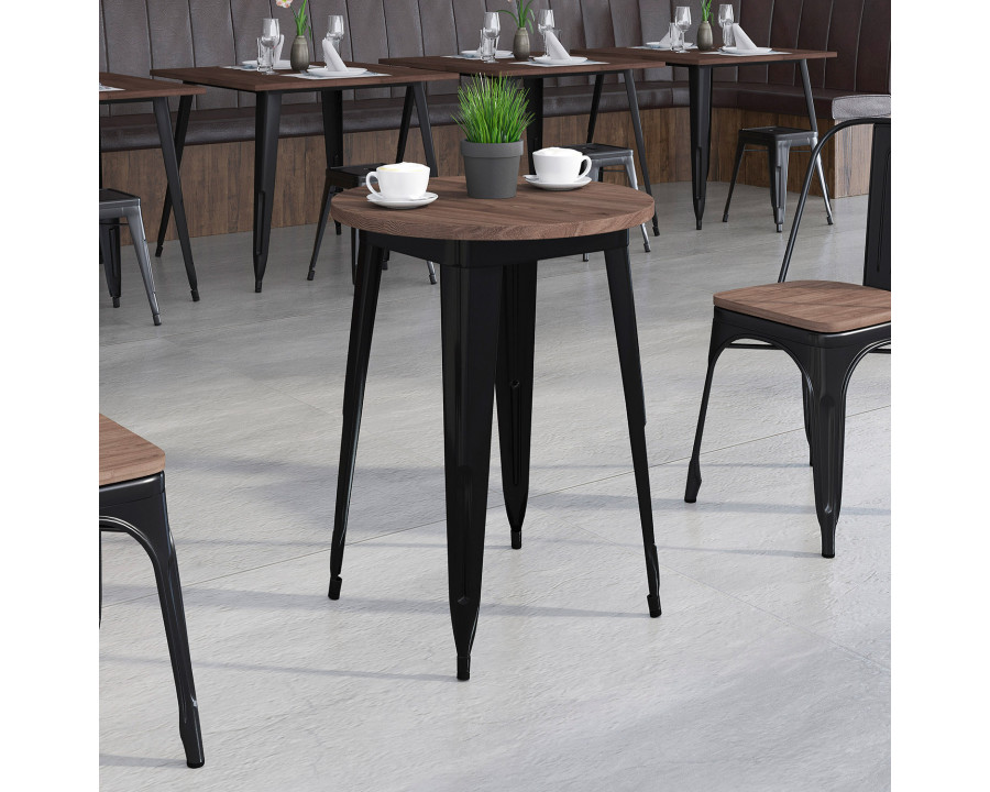 BLNK Webb Round Metal Indoor Table with Walnut Rustic Wood Top - Black