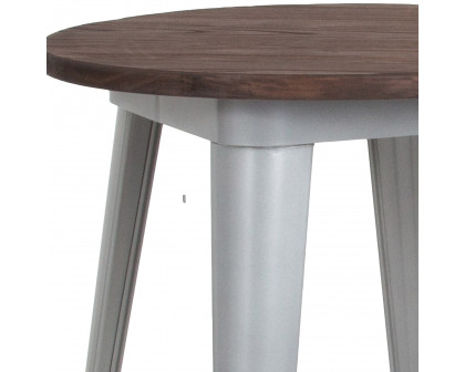 BLNK Webb Round Metal Indoor Table with Walnut Rustic Wood Top - Silver