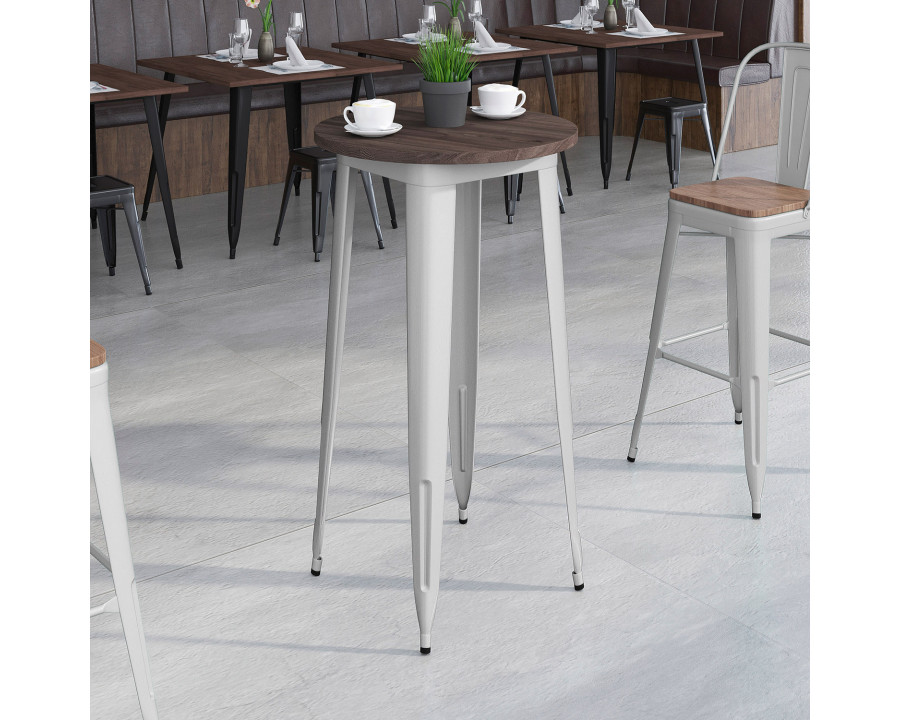 BLNK James Round Metal Indoor Bar Height Table with Walnut Rustic Wood Top - Silver