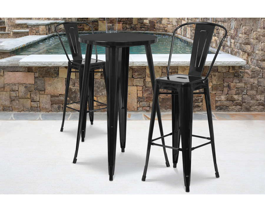 BLNK Nichols Commercial Round Metal Indoor-Outdoor Bar Table Set with 2 Cafe Stools - Black