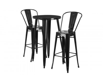 BLNK Nichols Commercial Round Metal Indoor-Outdoor Bar Table Set with 2 Cafe Stools - Black