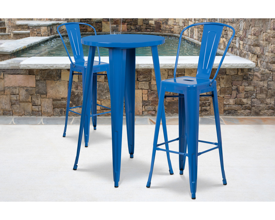 BLNK Nichols Commercial Round Metal Indoor-Outdoor Bar Table Set with 2 Cafe Stools - Blue