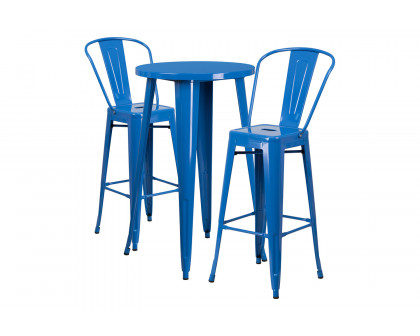 BLNK Nichols Commercial Round Metal Indoor-Outdoor Bar Table Set with 2 Cafe Stools - Blue