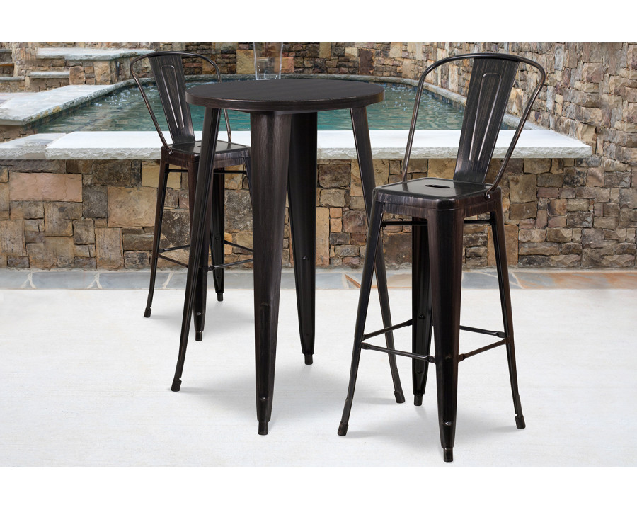 BLNK Nichols Commercial Round Metal Indoor-Outdoor Bar Table Set with 2 Cafe Stools - Black/Antique Gold