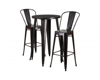 BLNK Nichols Commercial Round Metal Indoor-Outdoor Bar Table Set with 2 Cafe Stools - Black/Antique Gold