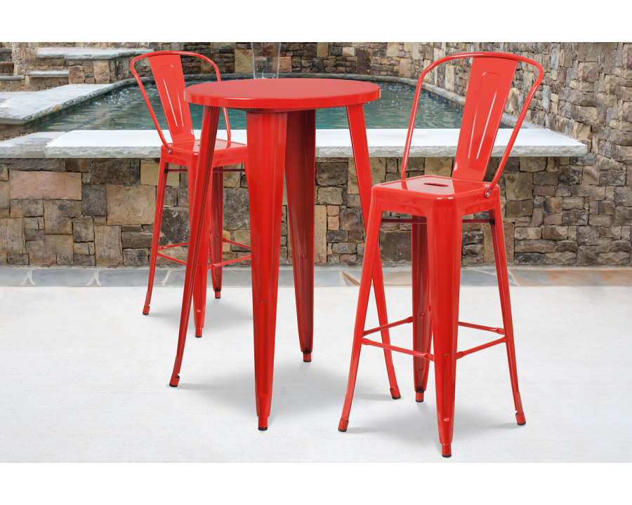 BLNK Nichols Commercial Round Metal Indoor-Outdoor Bar Table Set with 2 Cafe Stools - Red