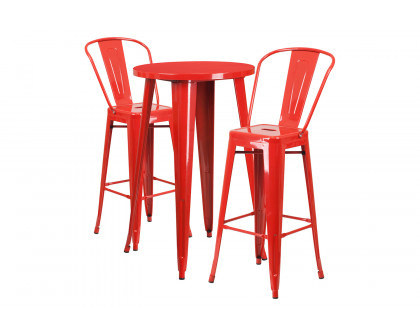 BLNK Nichols Commercial Round Metal Indoor-Outdoor Bar Table Set with 2 Cafe Stools - Red