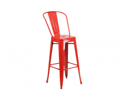 BLNK Nichols Commercial Round Metal Indoor-Outdoor Bar Table Set with 2 Cafe Stools - Red