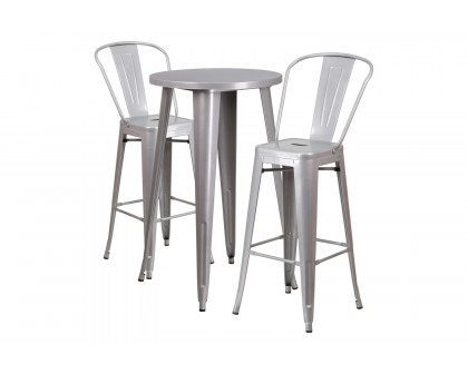 BLNK Nichols Commercial Round Metal Indoor-Outdoor Bar Table Set with 2 Cafe Stools - Silver