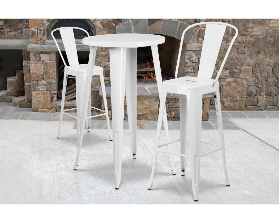 BLNK Nichols Commercial Round Metal Indoor-Outdoor Bar Table Set with 2 Cafe Stools - White