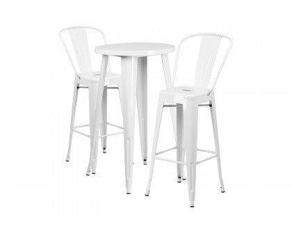 BLNK Nichols Commercial Round Metal Indoor-Outdoor Bar Table Set with 2 Cafe Stools - White