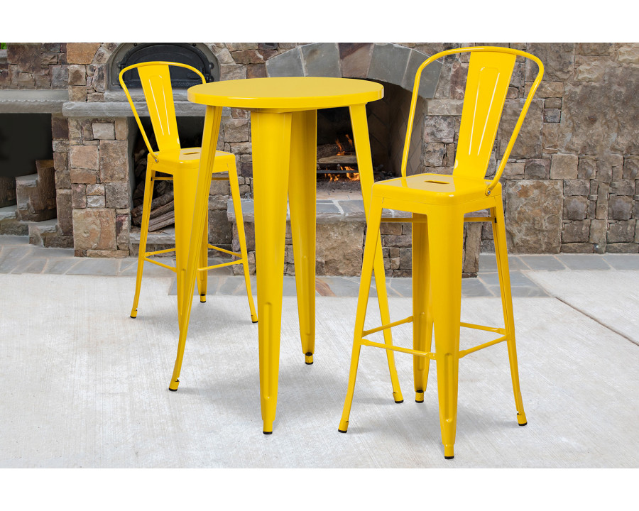 BLNK Nichols Commercial Round Metal Indoor-Outdoor Bar Table Set with 2 Cafe Stools - Yellow