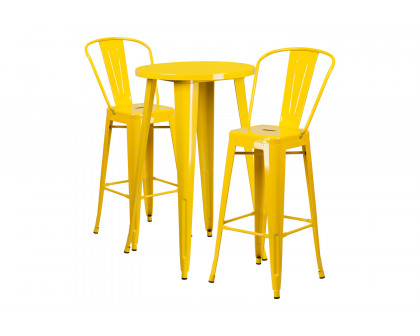 BLNK Nichols Commercial Round Metal Indoor-Outdoor Bar Table Set with 2 Cafe Stools - Yellow