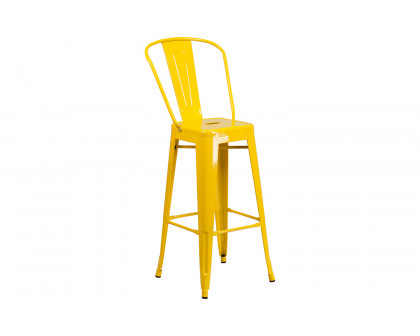 BLNK Nichols Commercial Round Metal Indoor-Outdoor Bar Table Set with 2 Cafe Stools - Yellow