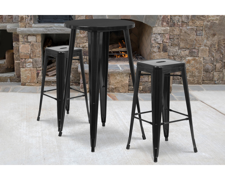 BLNK Douglas Commercial Round Metal Indoor-Outdoor Bar Table Set with 2 Square Seat Backless Stools - Black