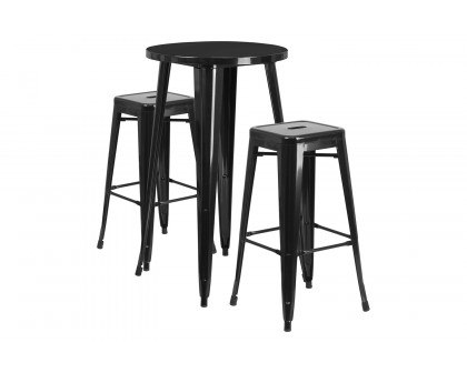 BLNK Douglas Commercial Round Metal Indoor-Outdoor Bar Table Set with 2 Square Seat Backless Stools - Black