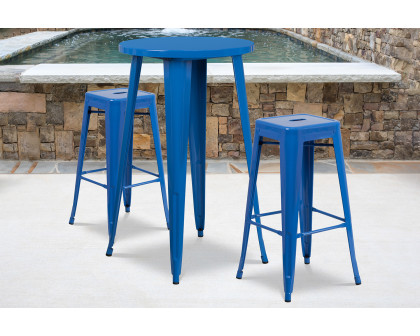 BLNK Douglas Commercial Round Metal Indoor-Outdoor Bar Table Set with 2 Square Seat Backless Stools