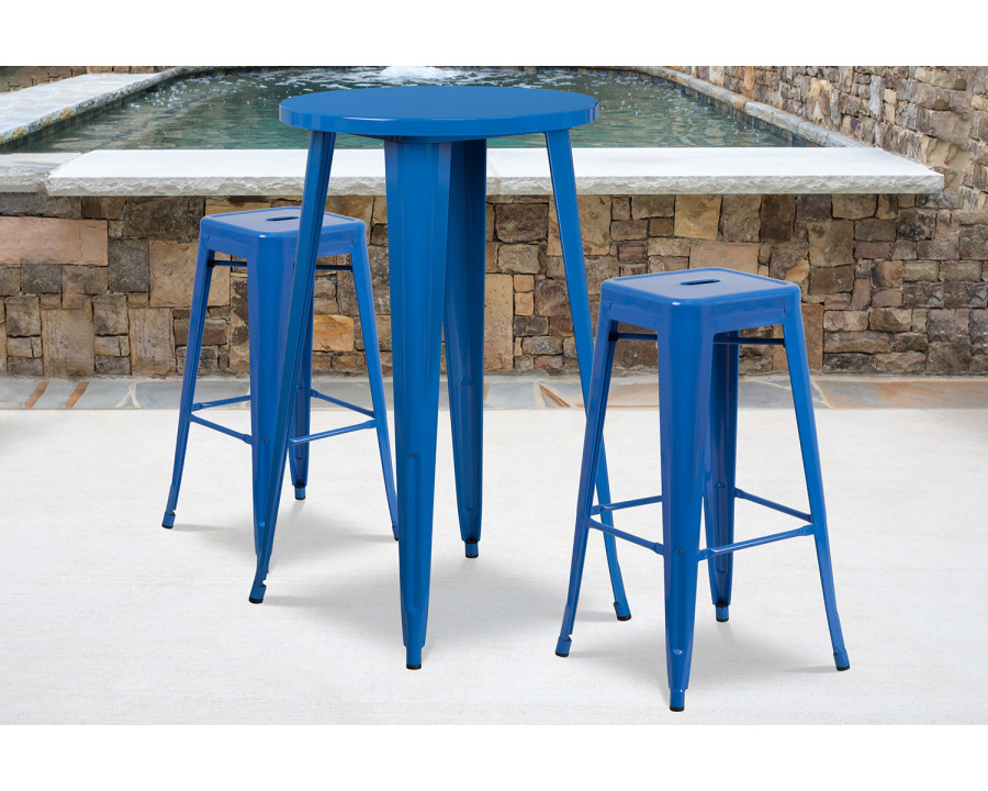 BLNK Douglas Commercial Round Metal Indoor-Outdoor Bar Table Set with 2 Square Seat Backless Stools - Blue