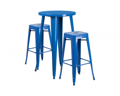 BLNK Douglas Commercial Round Metal Indoor-Outdoor Bar Table Set with 2 Square Seat Backless Stools - Blue