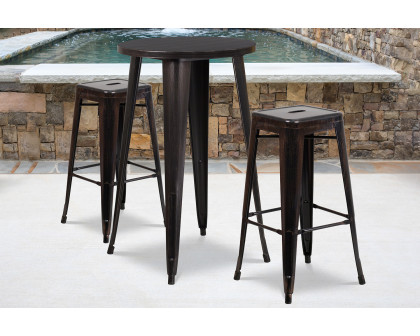 BLNK Douglas Commercial Round Metal Indoor-Outdoor Bar Table Set with 2 Square Seat Backless Stools