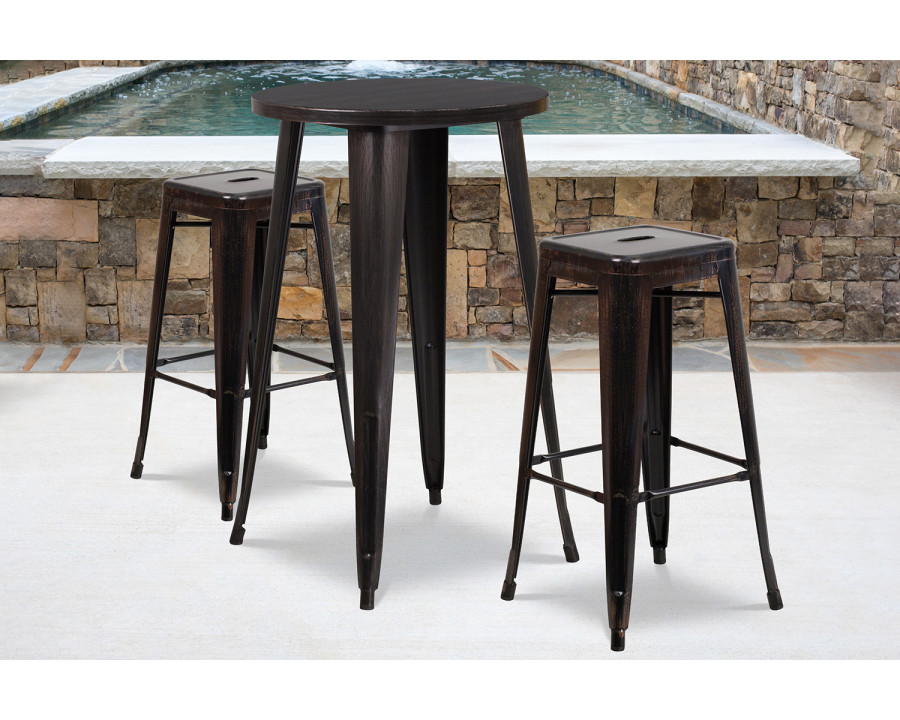 BLNK Douglas Commercial Round Metal Indoor-Outdoor Bar Table Set with 2 Square Seat Backless Stools - Black/Antique Gold