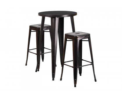 BLNK Douglas Commercial Round Metal Indoor-Outdoor Bar Table Set with 2 Square Seat Backless Stools - Black/Antique Gold