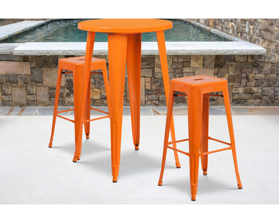 BLNK Douglas Commercial Round Metal Indoor-Outdoor Bar Table Set with 2 Square Seat Backless Stools