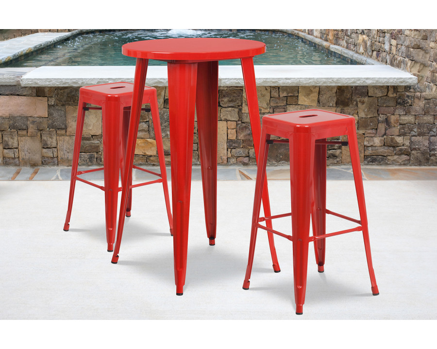 BLNK Douglas Commercial Round Metal Indoor-Outdoor Bar Table Set with 2 Square Seat Backless Stools - Red