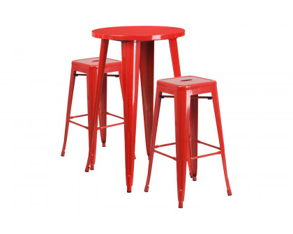 BLNK Douglas Commercial Round Metal Indoor-Outdoor Bar Table Set with 2 Square Seat Backless Stools - Red