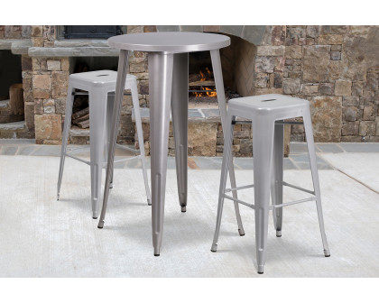 BLNK Douglas Commercial Round Metal Indoor-Outdoor Bar Table Set with 2 Square Seat Backless Stools