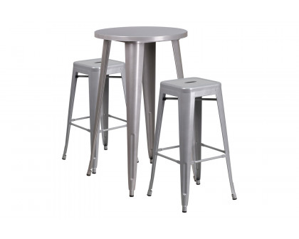 BLNK Douglas Commercial Round Metal Indoor-Outdoor Bar Table Set with 2 Square Seat Backless Stools - Silver