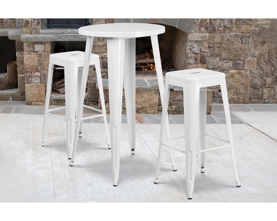 BLNK Douglas Commercial Round Metal Indoor-Outdoor Bar Table Set with 2 Square Seat Backless Stools - White