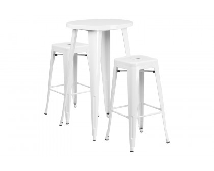 BLNK Douglas Commercial Round Metal Indoor-Outdoor Bar Table Set with 2 Square Seat Backless Stools - White