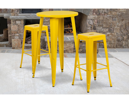 BLNK Douglas Commercial Round Metal Indoor-Outdoor Bar Table Set with 2 Square Seat Backless Stools