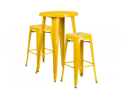 BLNK Douglas Commercial Round Metal Indoor-Outdoor Bar Table Set with 2 Square Seat Backless Stools - Yellow