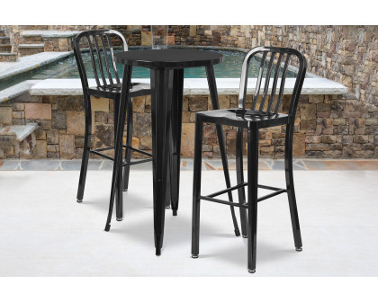 BLNK Earl Commercial Round Metal Indoor-Outdoor Bar Table Set with 2 Vertical Slat Back Stools