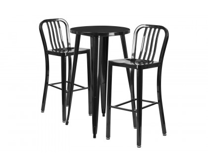 BLNK Earl Commercial Round Metal Indoor-Outdoor Bar Table Set with 2 Vertical Slat Back Stools - Black