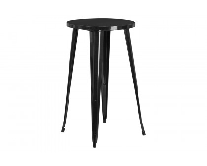 BLNK Earl Commercial Round Metal Indoor-Outdoor Bar Table Set with 2 Vertical Slat Back Stools - Black